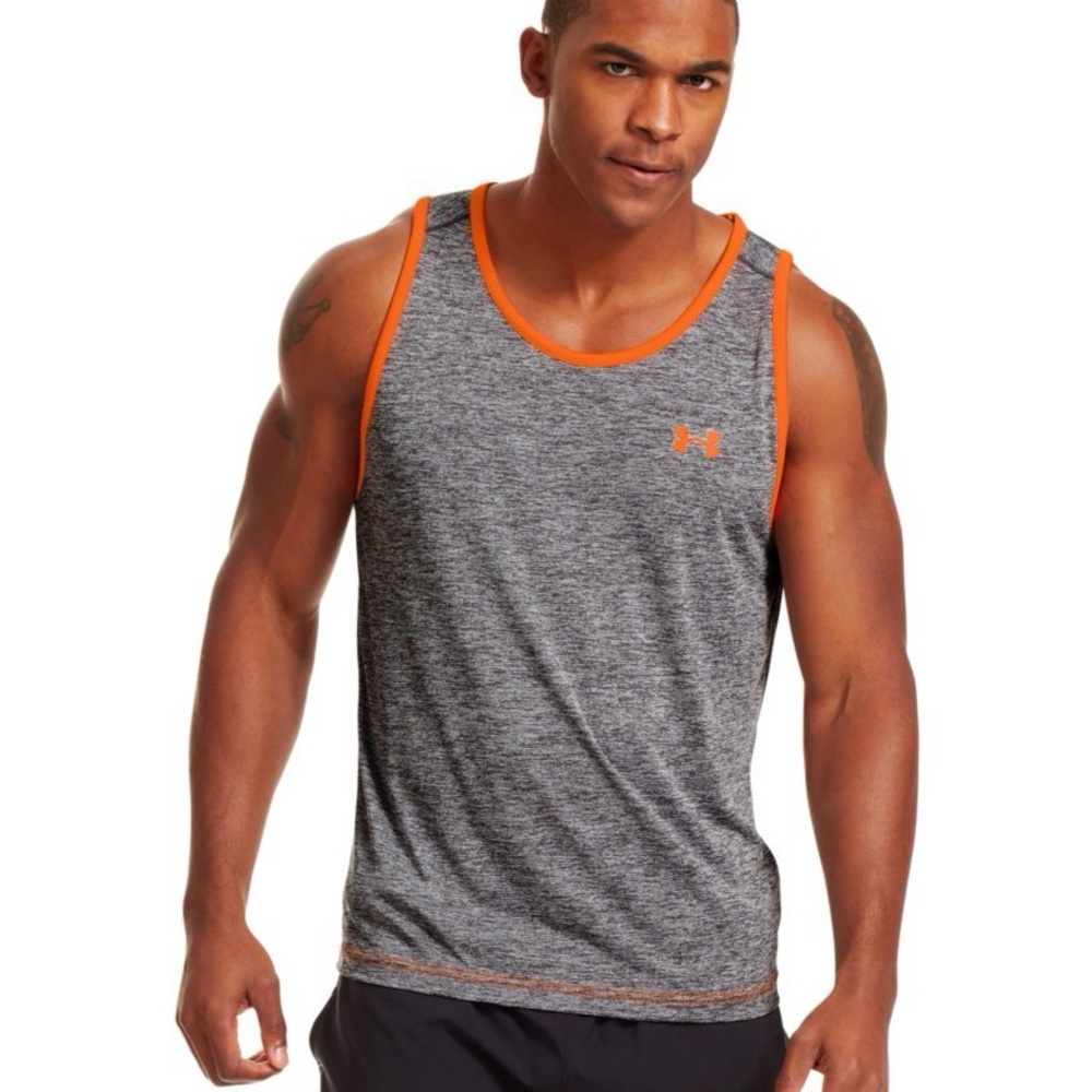 Under Armour Mens UA Loose Fit Heat Gear Tech Tank Top Graphite/Blaze Orange